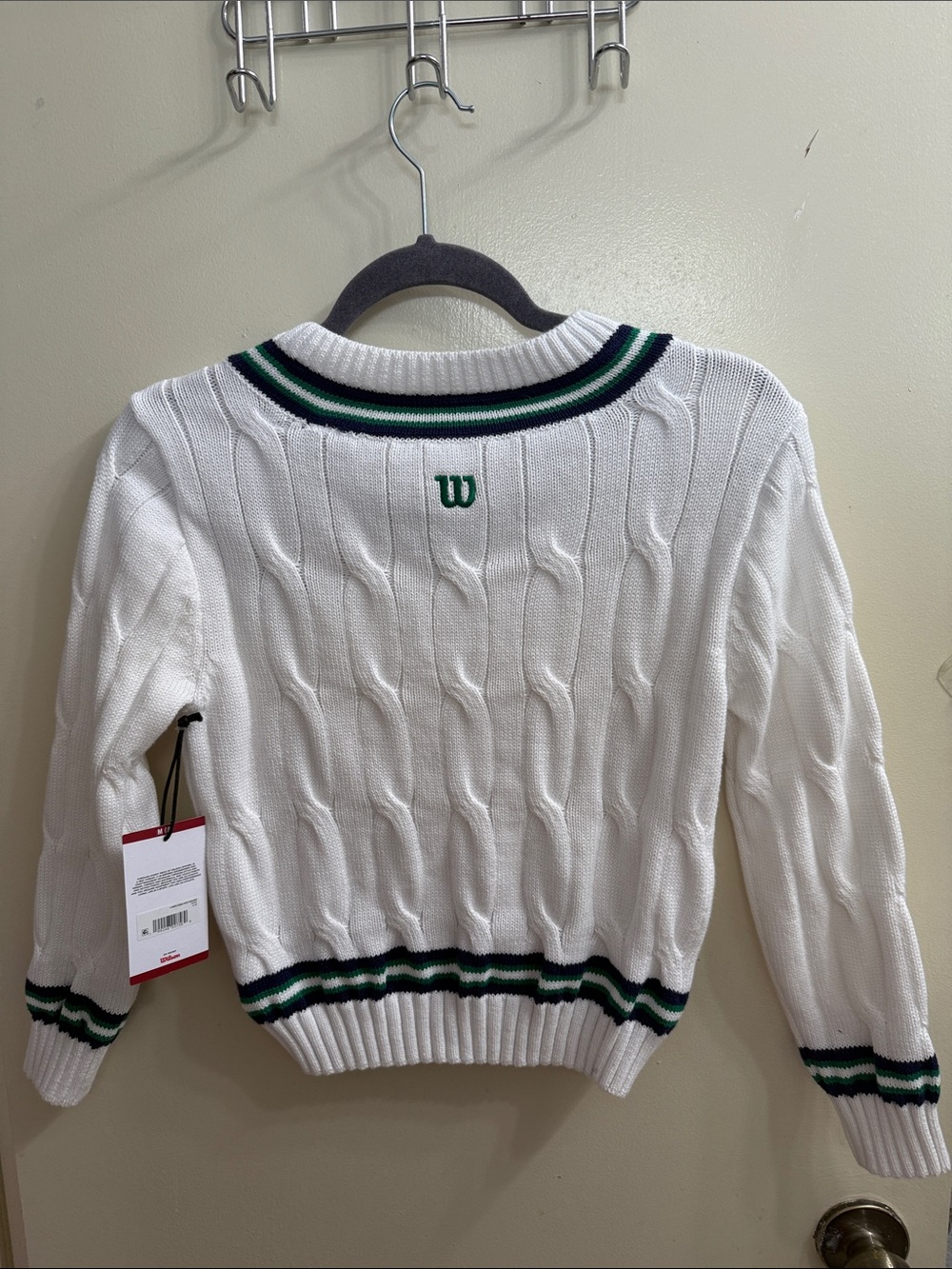Wilson White Cable-Knit V-Neck Sweater with Green and Navy Trim tennis - Picture 3 of 6